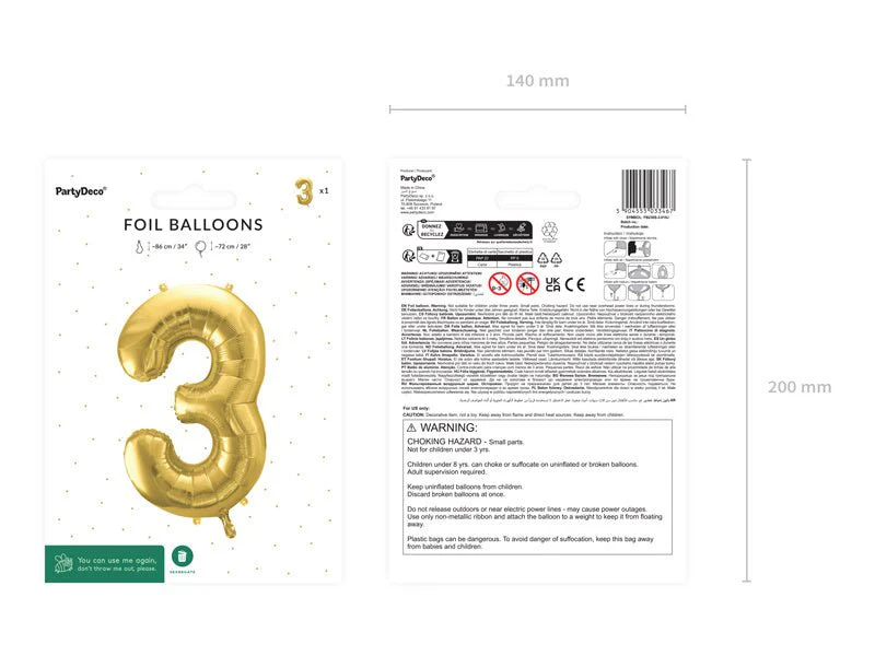 3 Jaar Cijfer Ballon Goud Leeg 72cm - Image 3