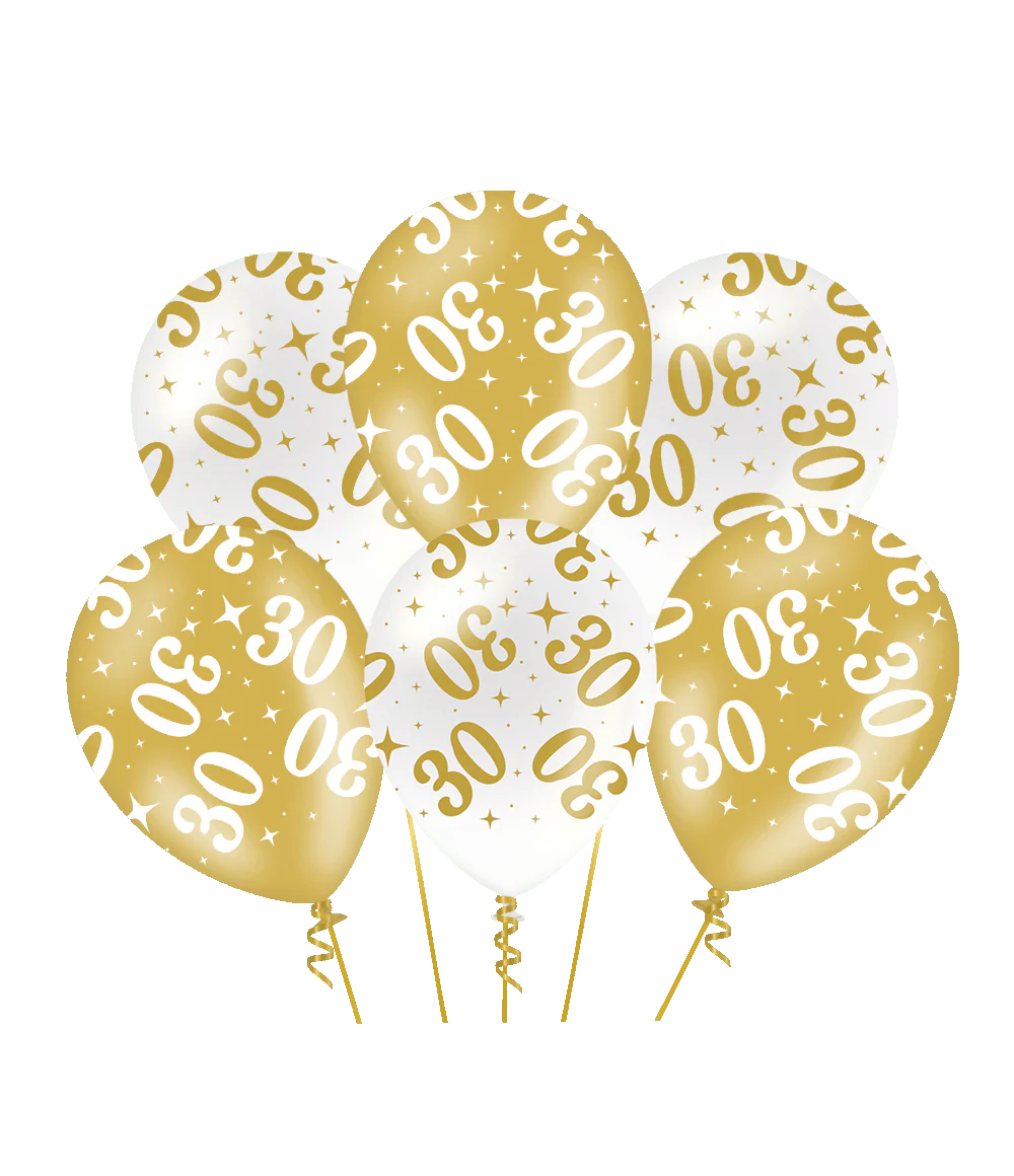30 Jaar Ballonnen Wit Goud 30cm 6st