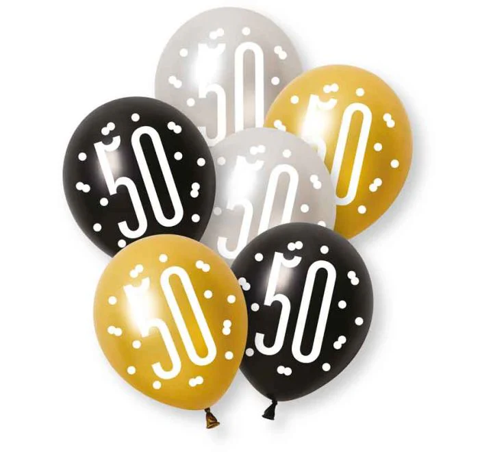 50 Jaar Ballonnen Zwart Goud Zilver 30cm 6st