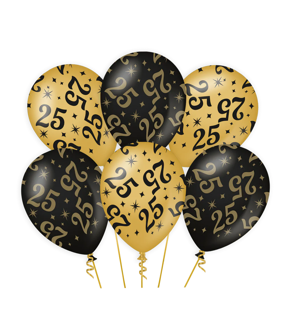 Ballonnen 25 Jaar Goud Zwart 30cm 6st