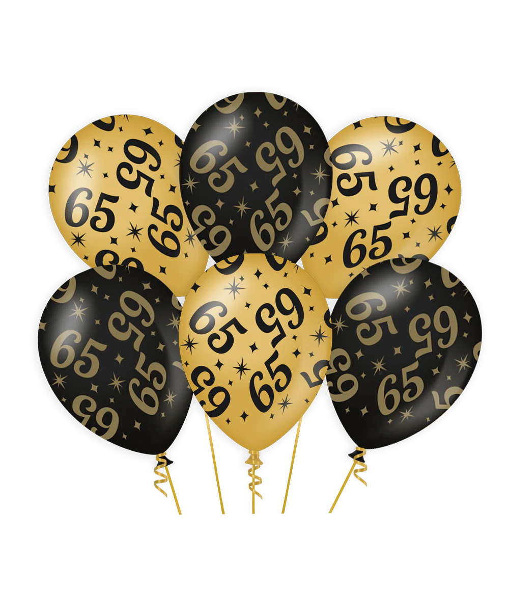 Ballonnen 65 Jaar Goud Zwart 30cm 6st
