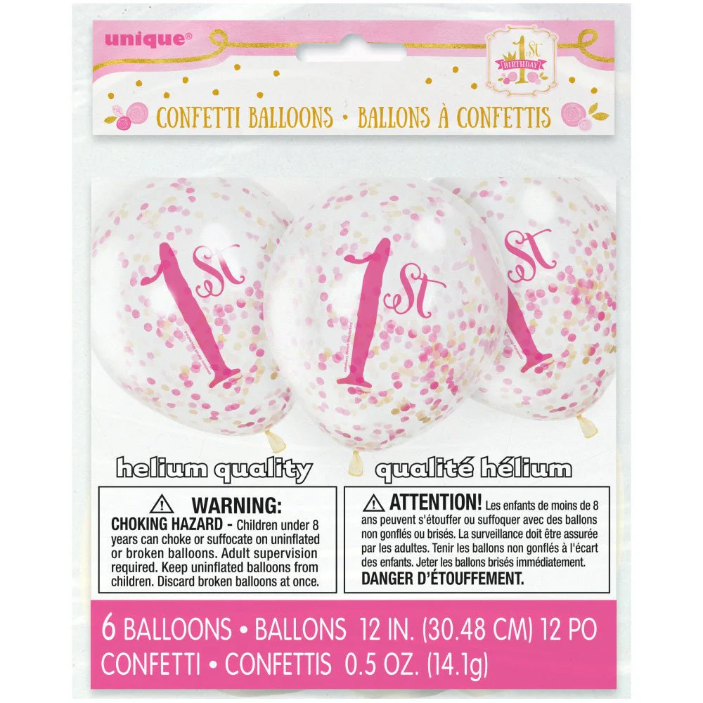 Confetti Ballonnen 1 Jaar Roze 30cm 6st - Image 3