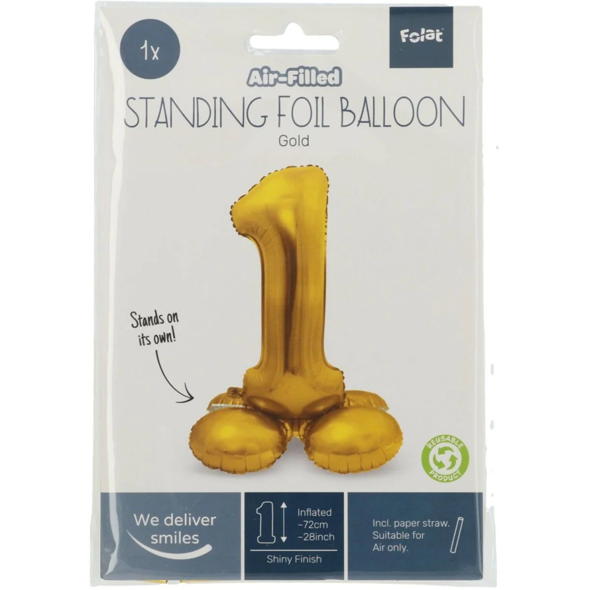 Folie Ballon Cijfer 1 Goud met standaard 72cm - Image 2