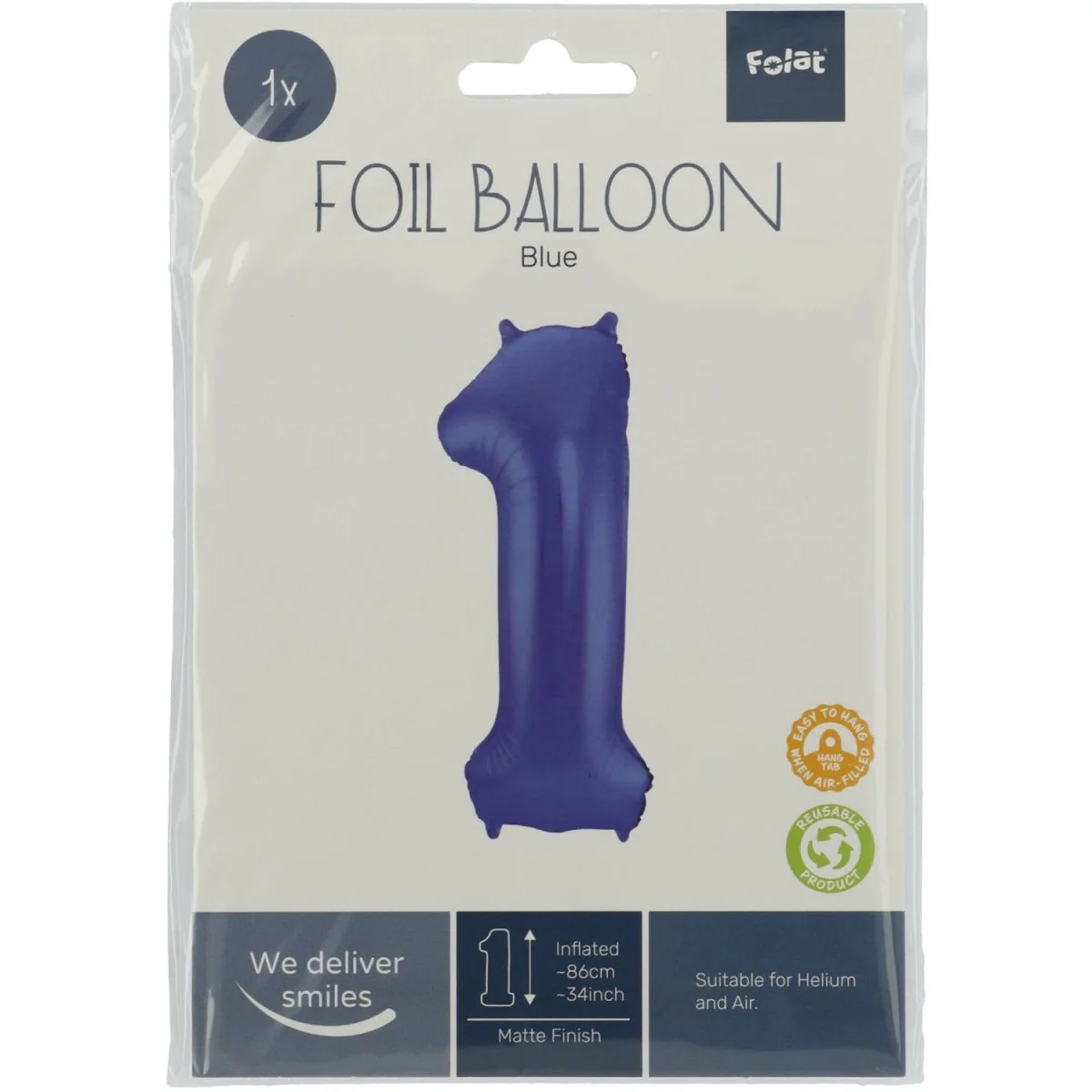 Folie Ballon Cijfer 1 Mat Blauw XL 86cm leeg - Image 3