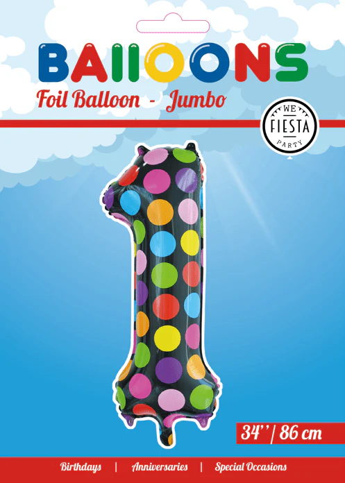 Folie Ballon Cijfer 1 Stippen XL 86cm leeg - Image 2