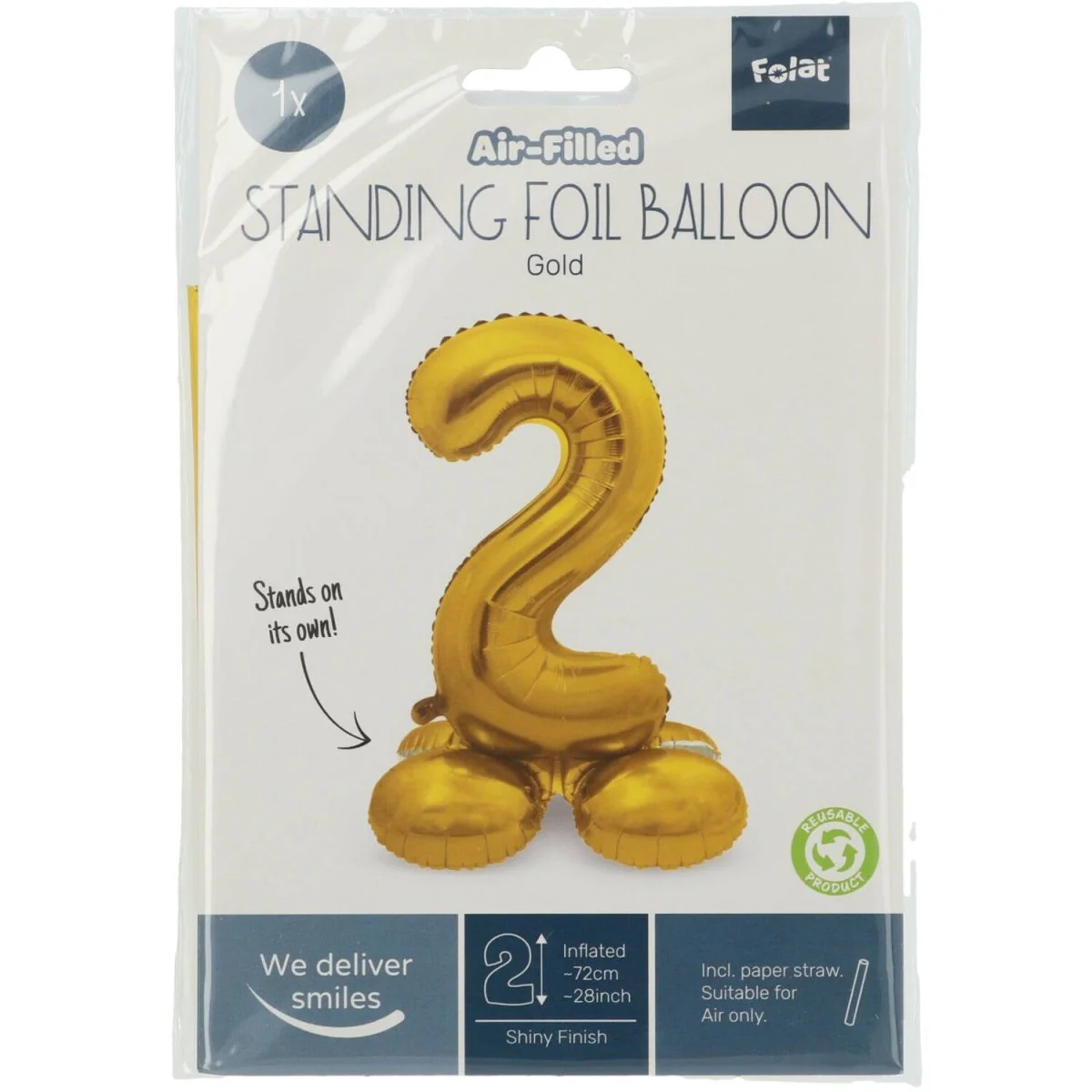 Folie Ballon Cijfer 2 Goud met standaard 72cm - Image 2