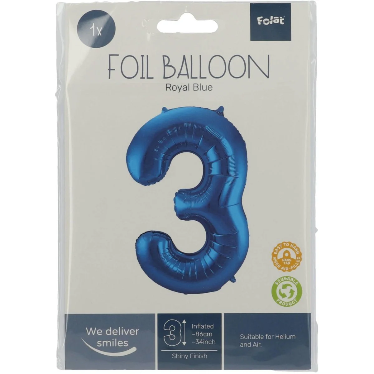 Folie Ballon Cijfer 3 Blauw Metallic XL 86cm leeg - Image 3