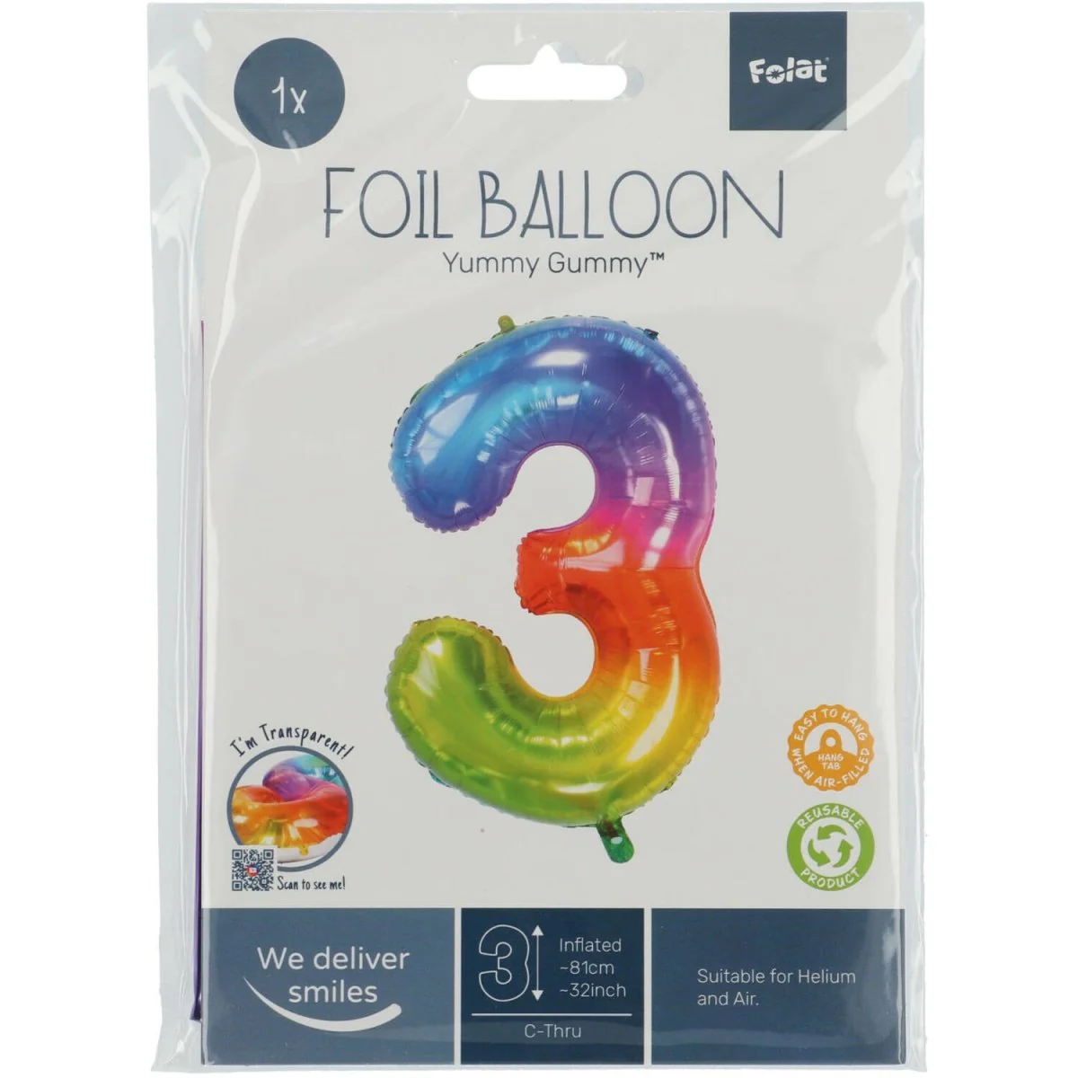 Folie Ballon Cijfer 3 Regenboog XL 81cm leeg - Image 4