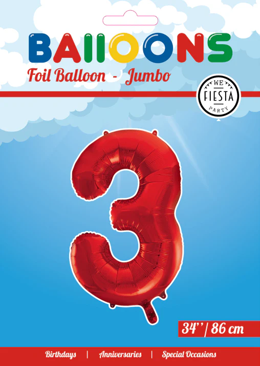 Folie Ballon Cijfer 3 Rood XL 86cm leeg - Image 2