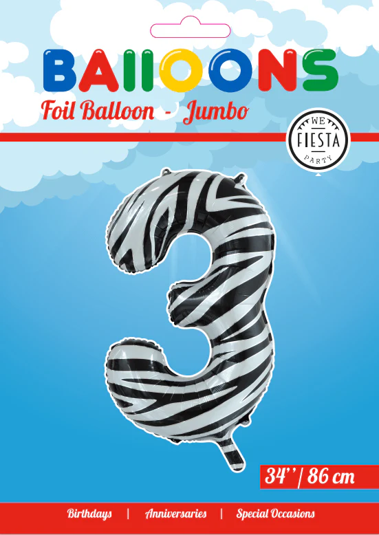 Folie Ballon Cijfer 3 Zebra XL 86cm leeg - Image 2