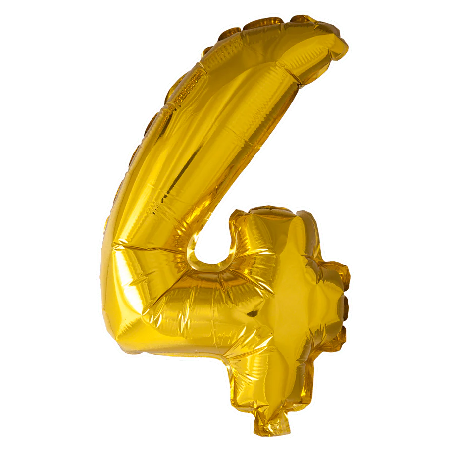 Folie Ballon Cijfer 4 Goud 41cm met Rietje