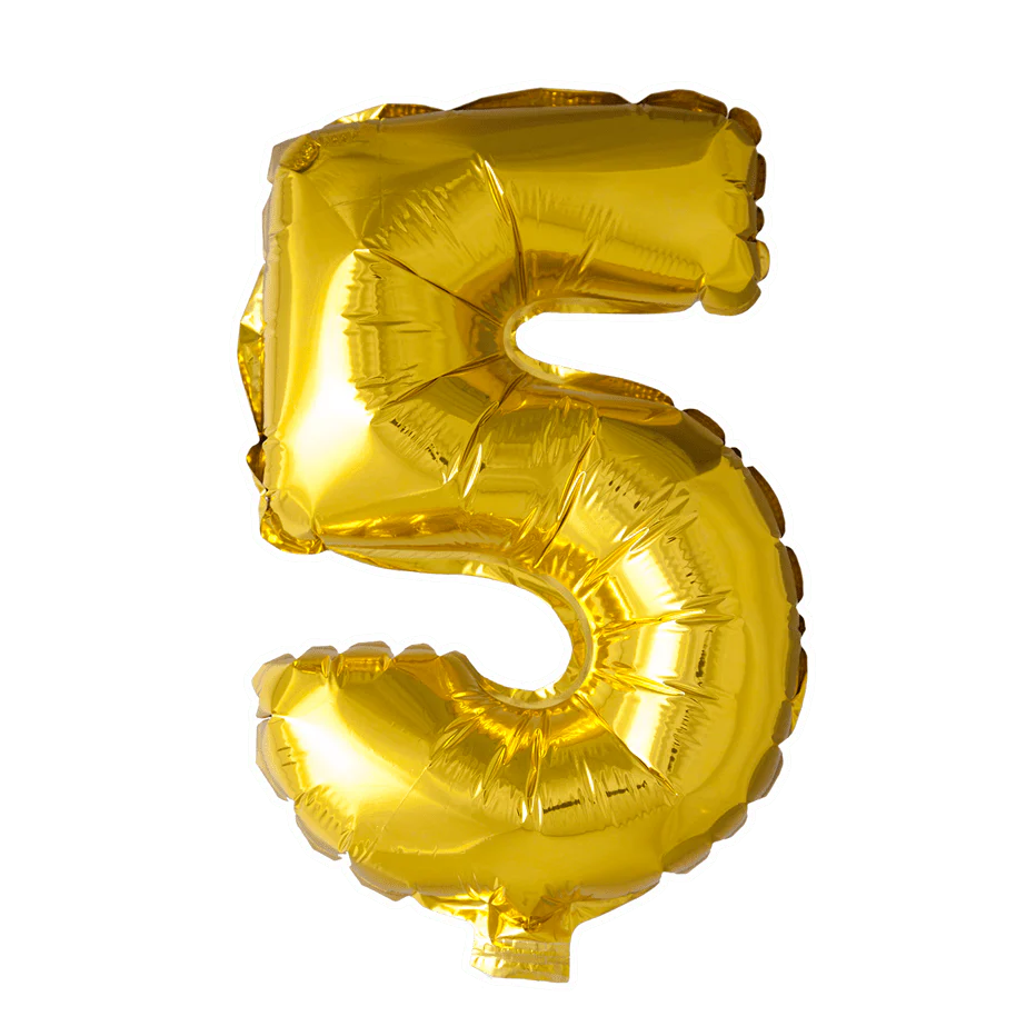 Folie Ballon Cijfer 5 Goud 41cm met Rietje