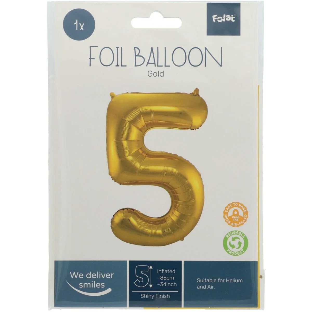 Folie Ballon Cijfer 5 Goud Metallic XL 86cm leeg - Image 3