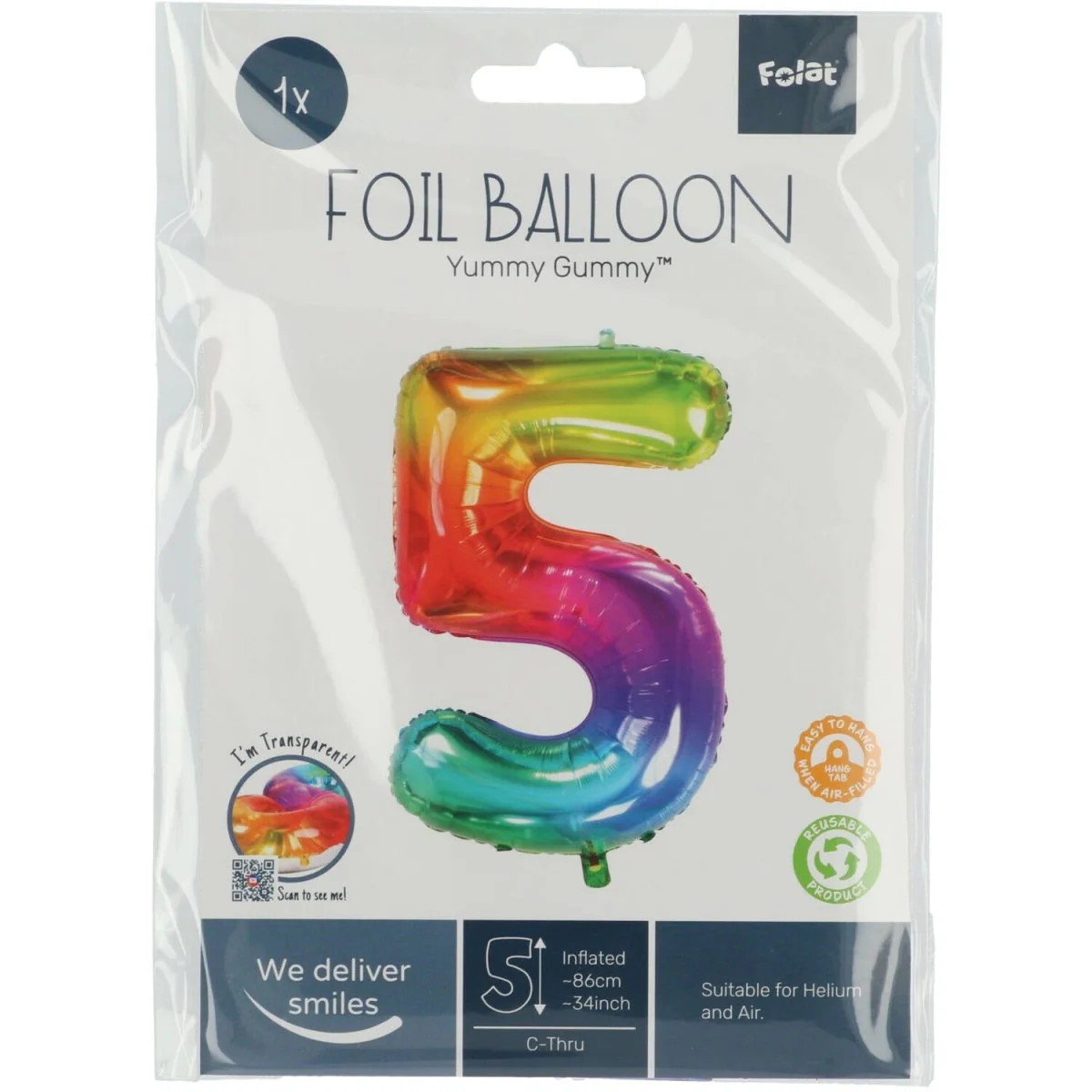 Folie Ballon Cijfer 5 Regenboog XL 81cm leeg - Image 4