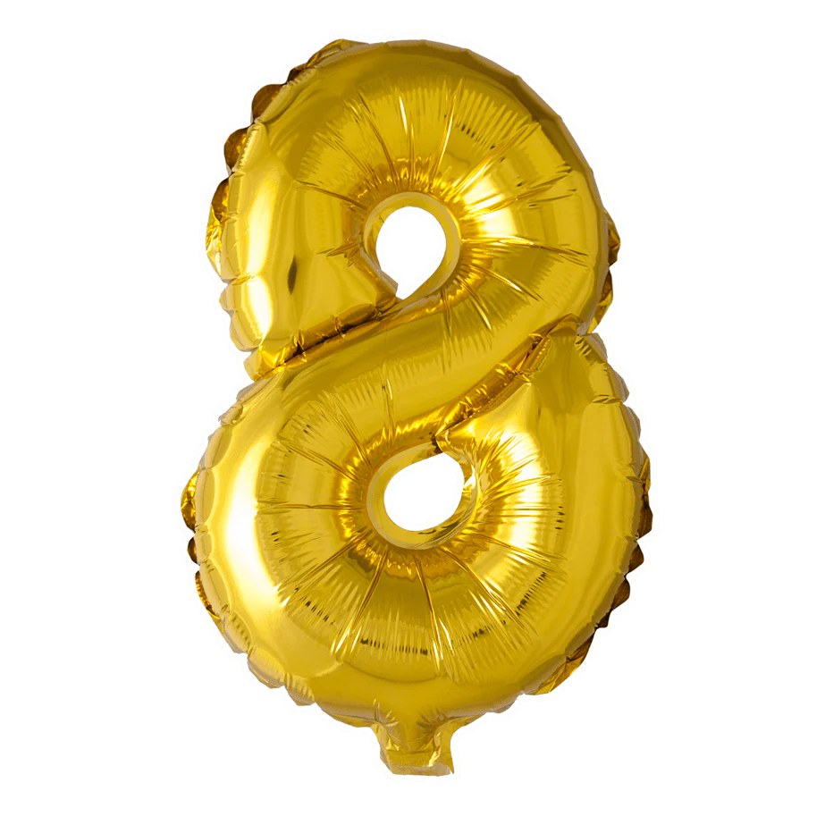 Folie Ballon Cijfer 8 Goud 41cm met Rietje