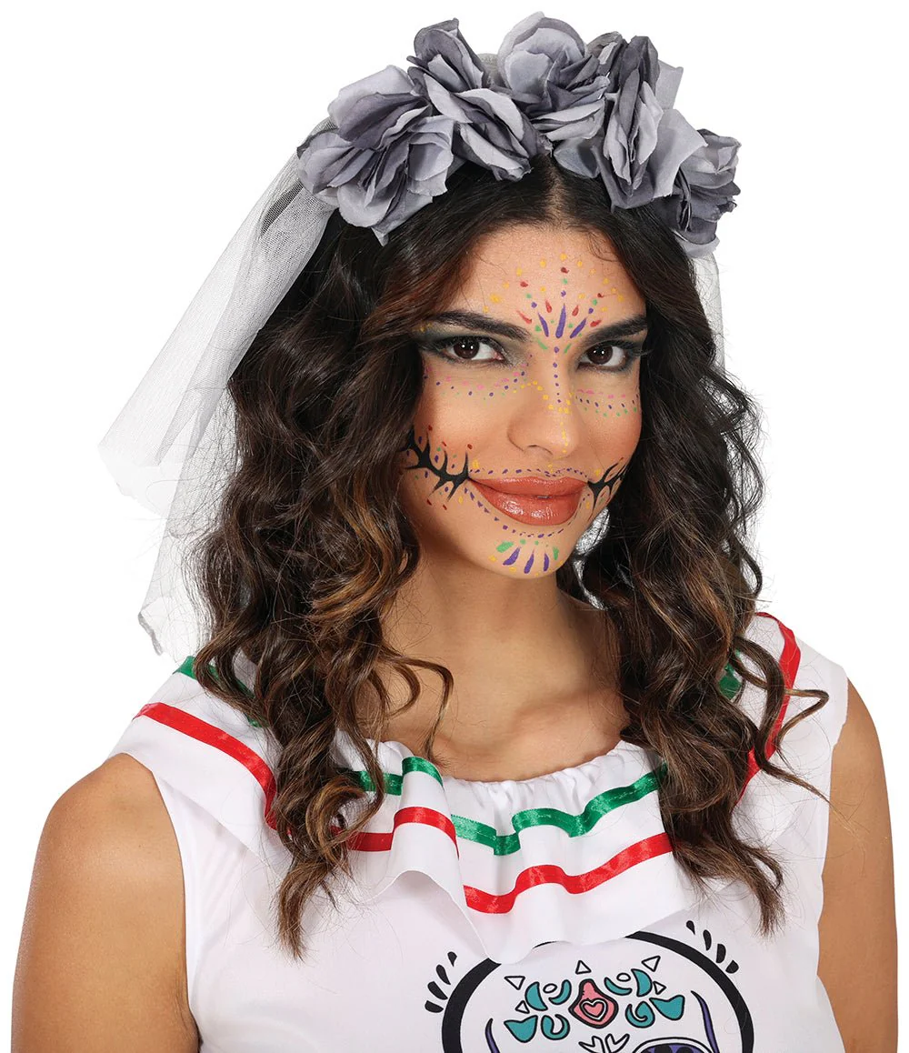 Halloween Haarband Grijs Sluier En Bloemen