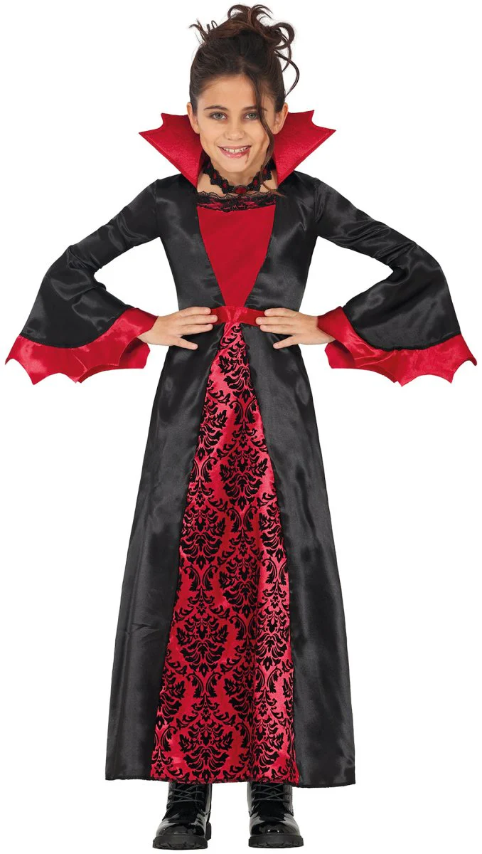 Halloween Kostuum Zwart Rood Meisje Vampier Lang
