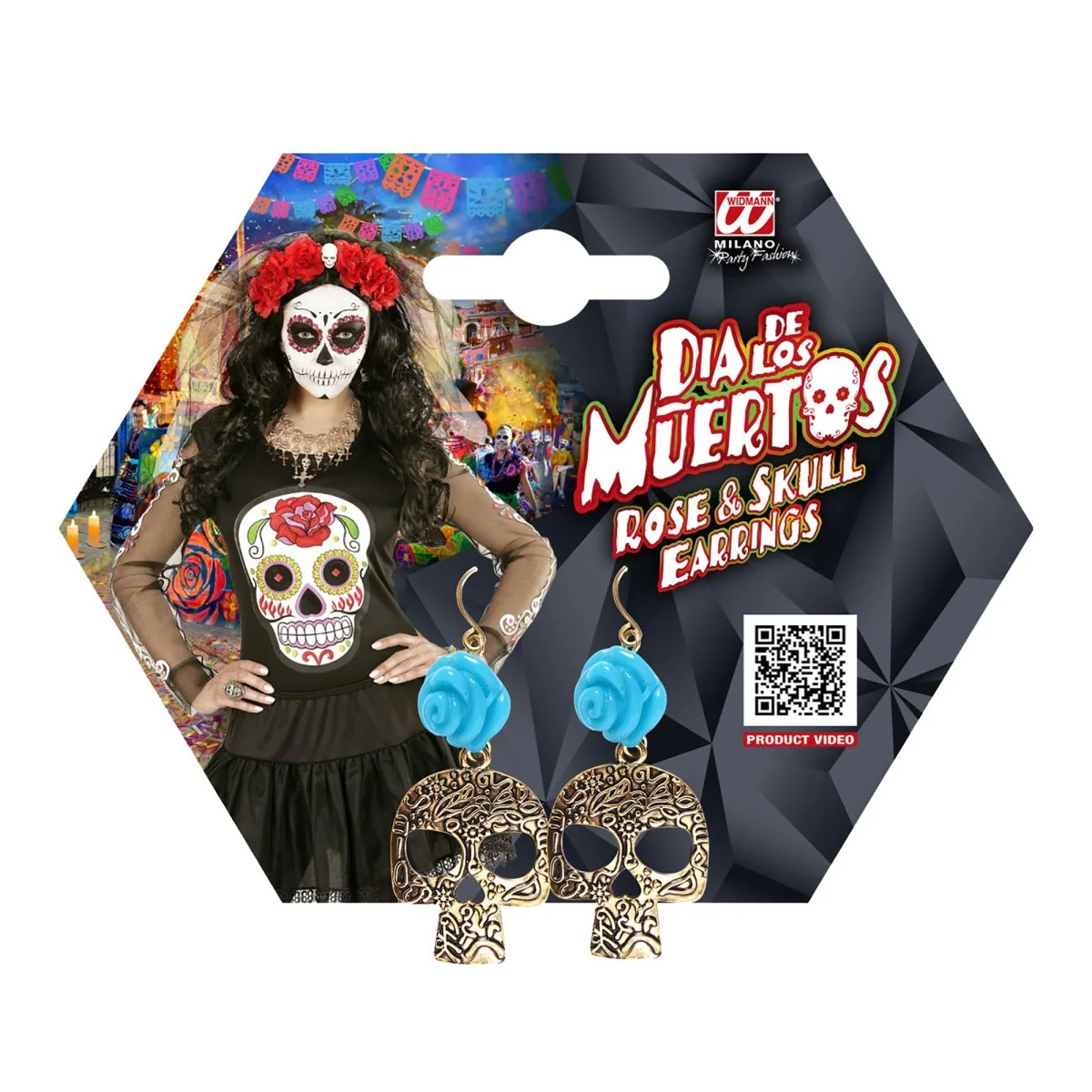 Halloween Oorbellen Blauw Schedels Met Roos - Image 2