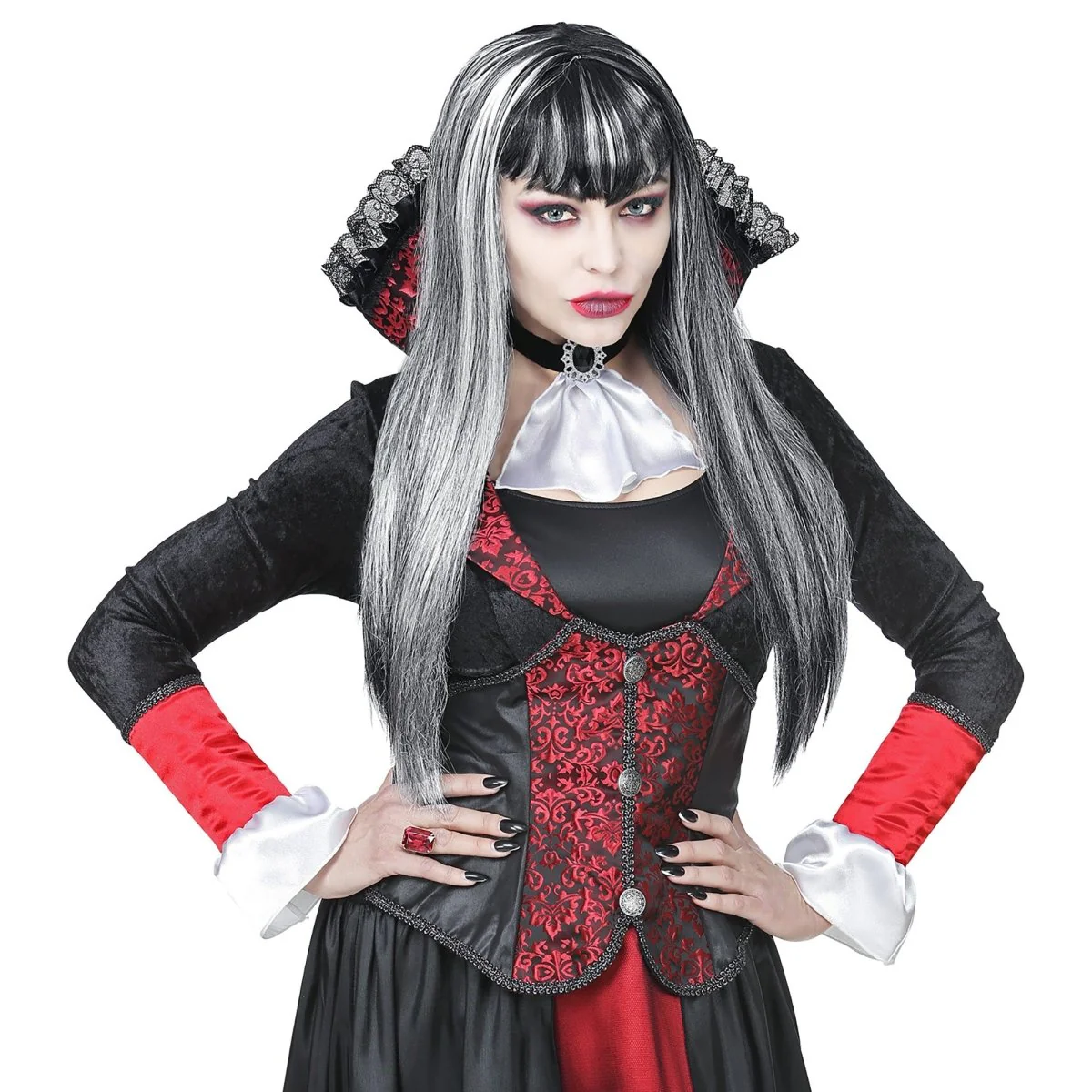 Halloween Pruik Zwart Wit Dames Vampier - Image 3