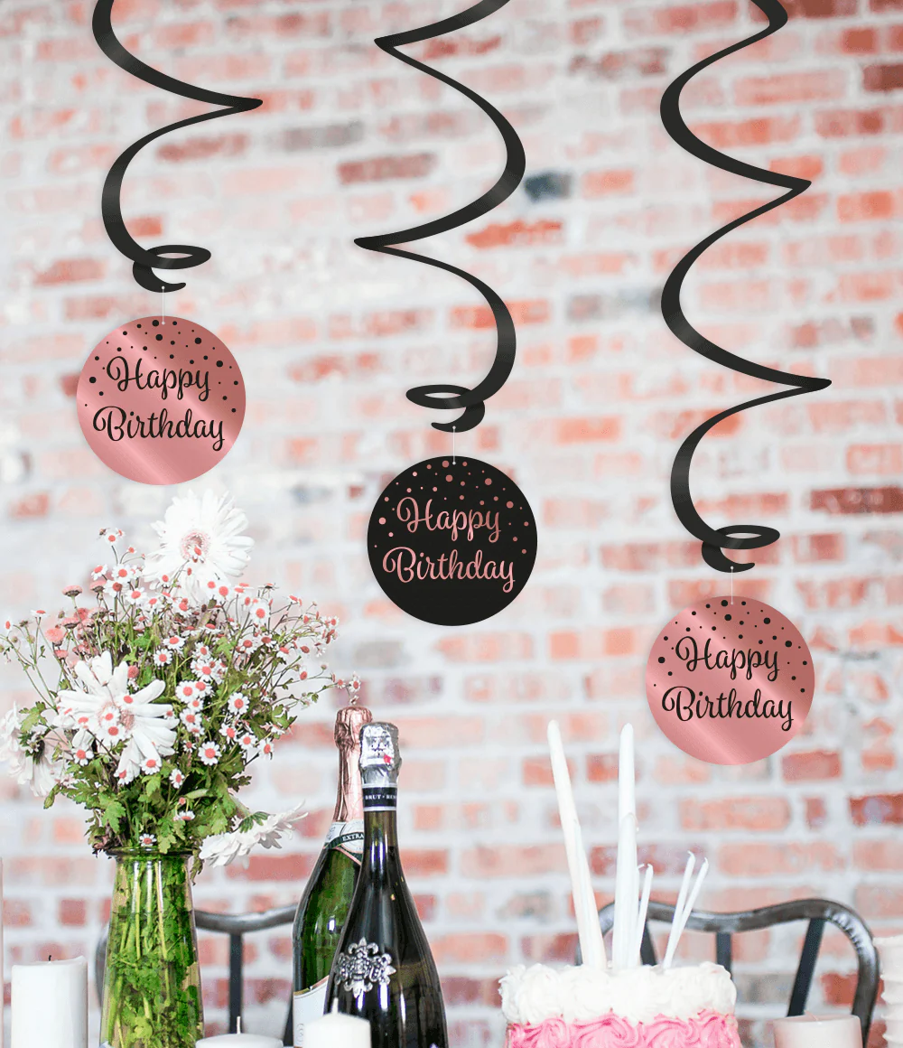 Hangdecoratie Happy Birthday Zwart Roze 17cm 3st - Image 3