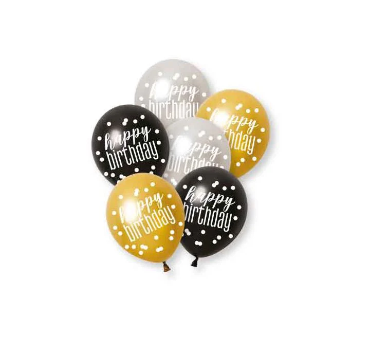 Happy Birthday Ballonnen Zwart Goud Zilver 30cm 6st