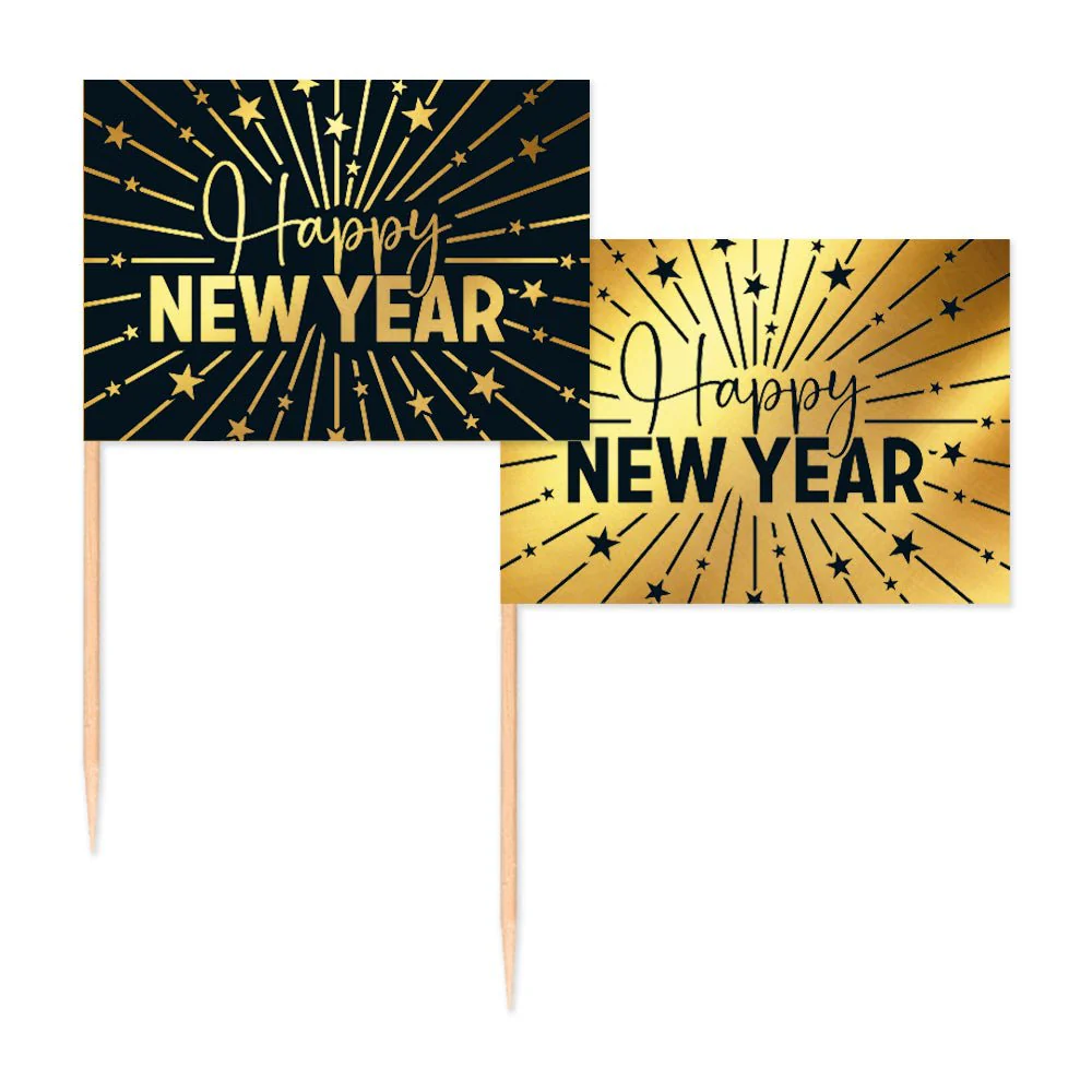 Happy New Year Cocktailprikkers Goud Zwart 50st