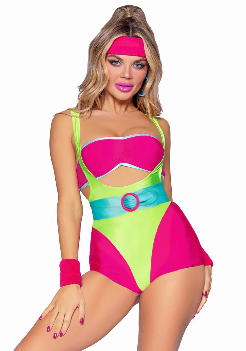Neon 80S Kostuum Groen Roze Dames Bodysuit Workout Leg Avenue
