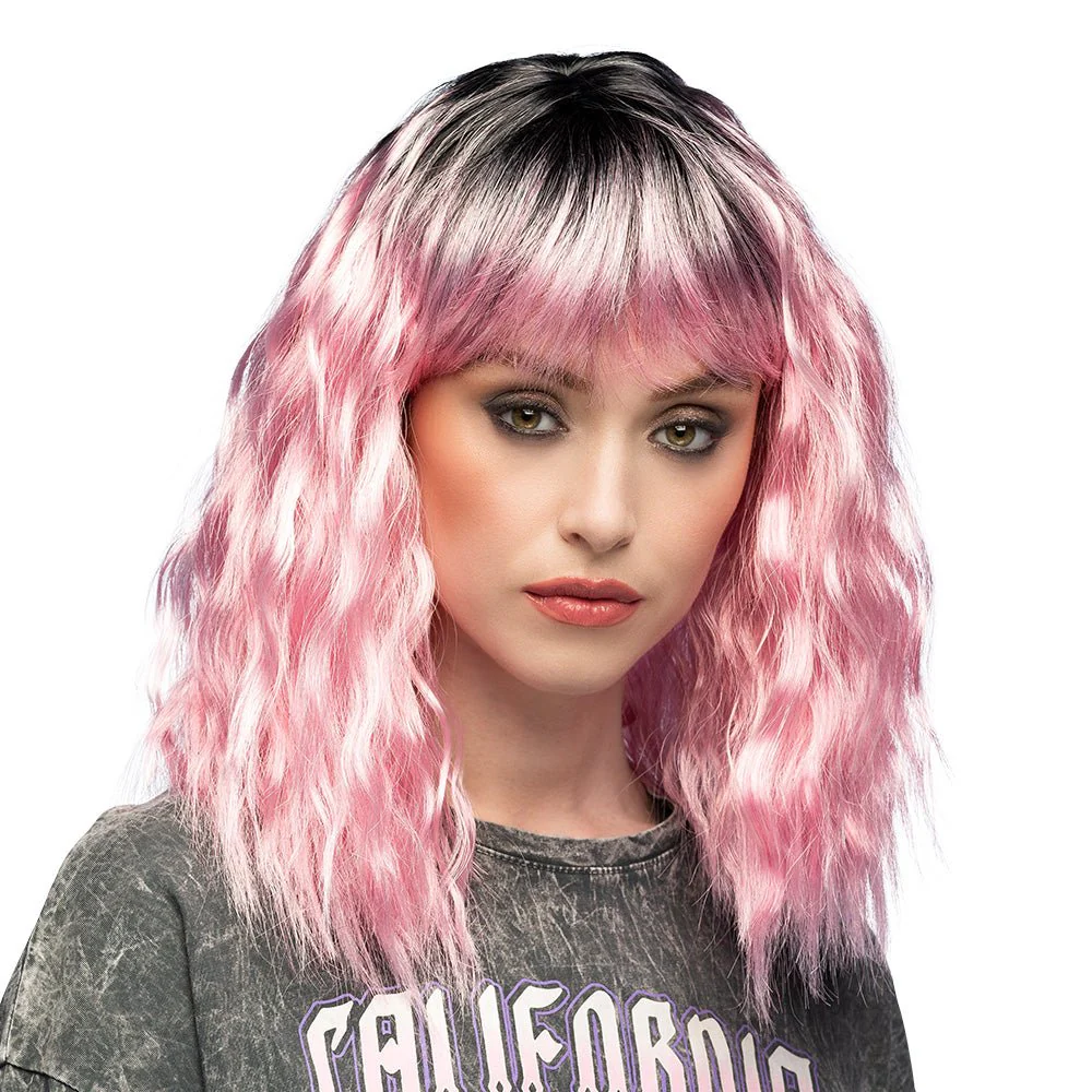 Roze Pruik Golvend Met Pony