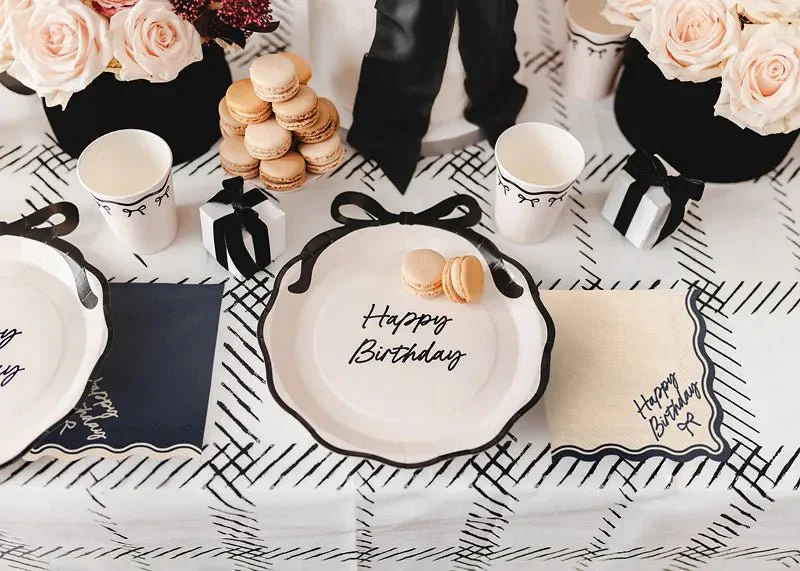 Servetten Happy Birthday Bow, 33x33 cm, beige-zwart - Image 3