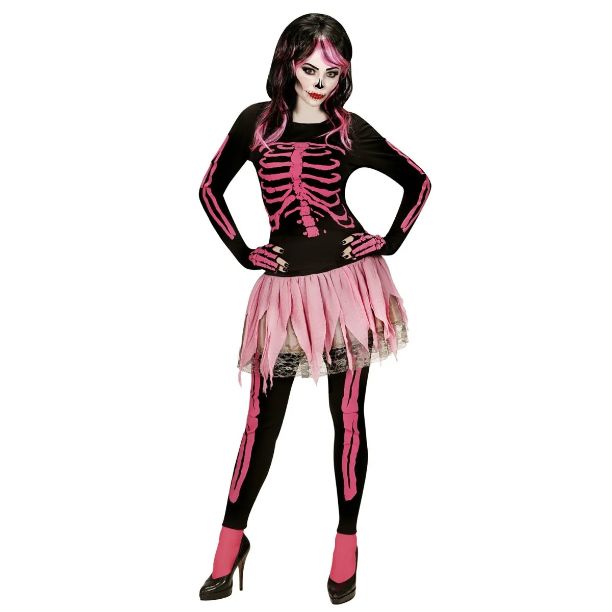 Skelet Kostuum Zwart Roze Dames 4 delig